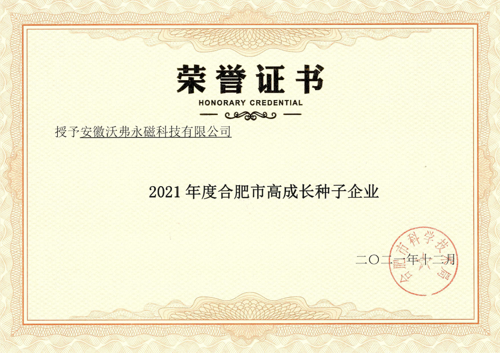 喜訊！沃弗永磁榮獲合肥市高成長企業(yè)